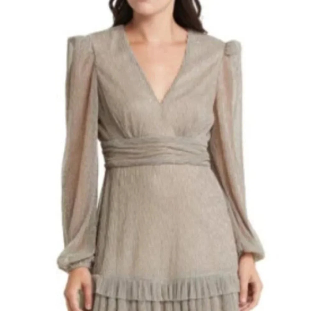 FLORET STUDIOS Metallic Plissé Long Sleeve Mini Cocktail Dress in Silver Rose M